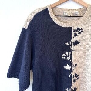 Vintage Russ Colorblock‎ Short Sleeve Knit Sweater Floral Beige Navy Large
